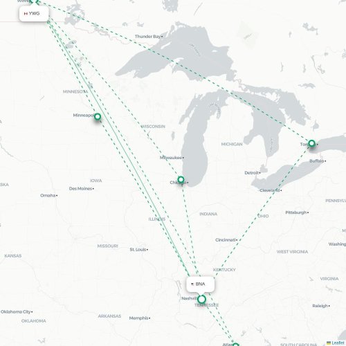Mapa de vuelo directo Winnipeg - Nashville