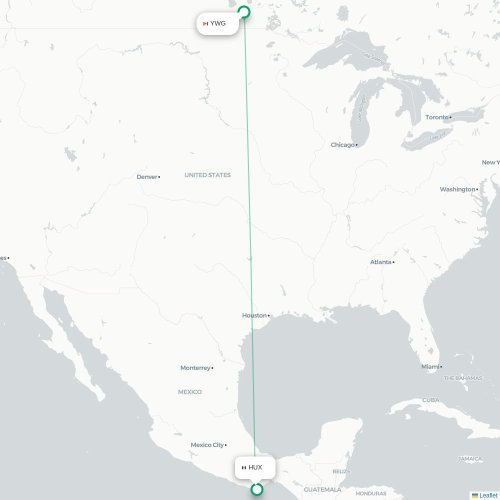 Mapa de vuelo directo Winnipeg - Santa María Huatulco