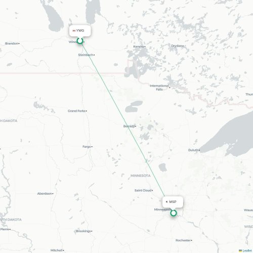 Mapa de vuelo directo Winnipeg - Mineápolis