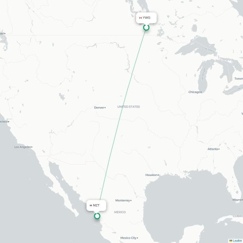 Mapa lotu bezpośredniego Winnipeg – Mazatlán
