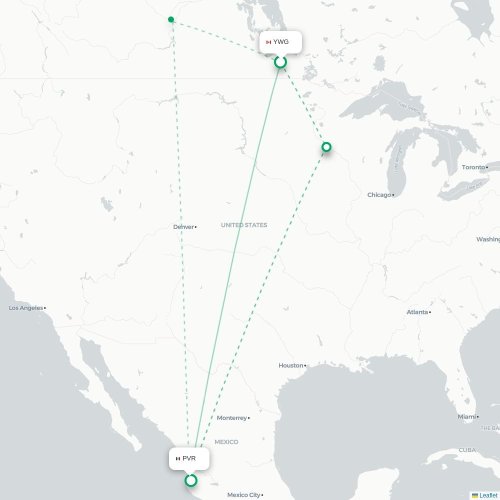 Mapa de vuelo directo Winnipeg - Pto Vallarta