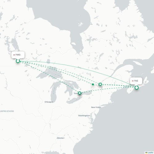 Mapa de vuelo directo Winnipeg - Halifax