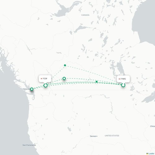 Mapa de vuelo directo Winnipeg - Kelowna