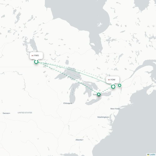 Mapa de vuelo directo Winnipeg - Ottawa
