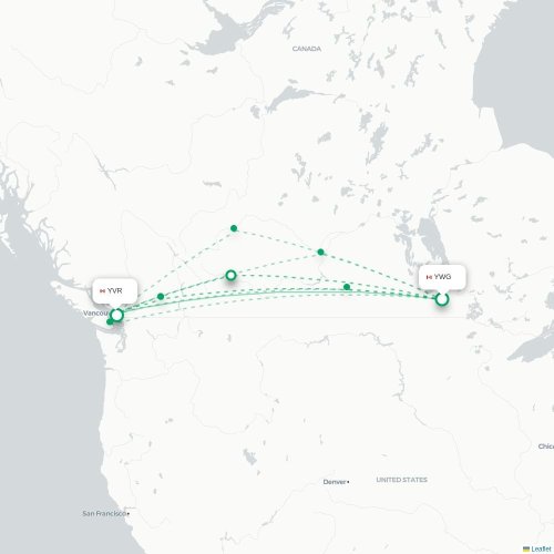 Mapa de vuelo directo Winnipeg - Vancouver
