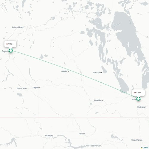 Mapa de vuelo directo Winnipeg - Saskatoon