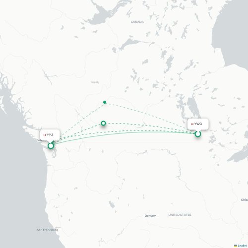 Mapa de vuelo directo Winnipeg - Victoria