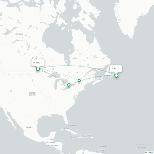 Mapa de vuelo directo Winnipeg - San Juan de Terranova