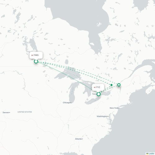 Mapa de vuelo directo Winnipeg - Toronto