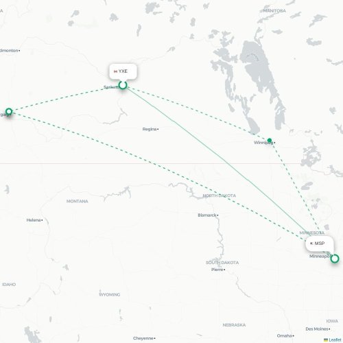 Mapa lotu bezpośredniego Saskatoon – Minneapolis