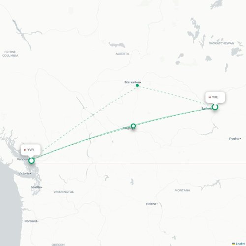 Mapa de vuelo directo Saskatoon - Vancouver