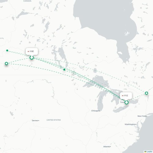 Mapa de vuelo directo Saskatoon - Toronto