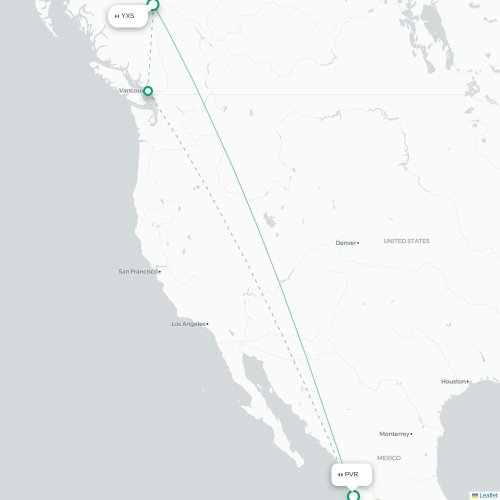 Mapa de vuelo directo Prince George - Pto Vallarta