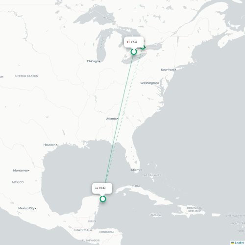 Mapa de vuelo directo London - Cancún