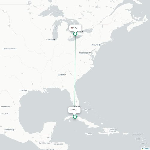 Mapa lotu bezpośredniego Londyn – Varadero