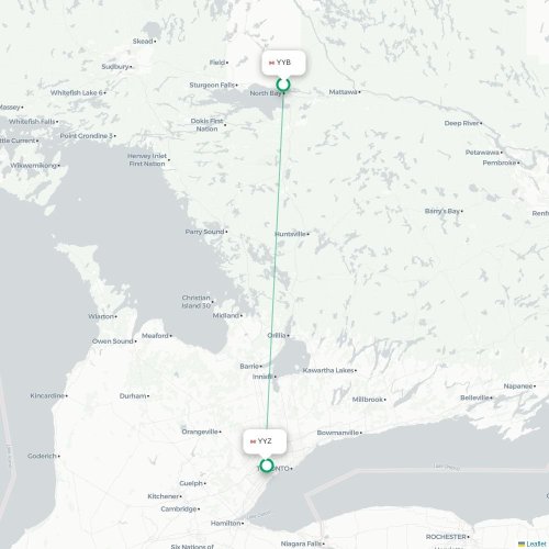 Mapa lotu bezpośredniego North Bay – Toronto