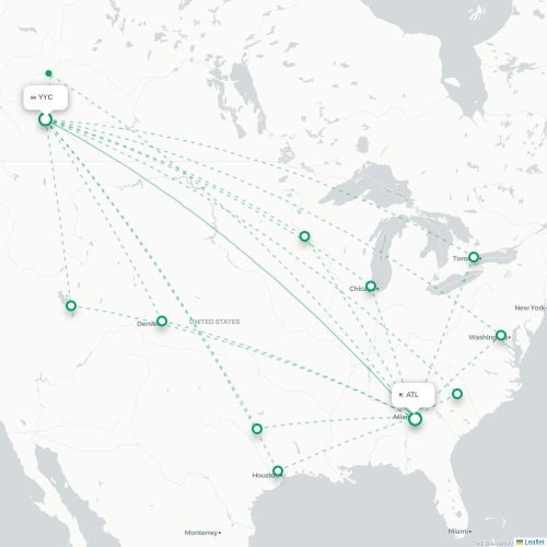 Mapa de vuelo directo Calgary - Atlanta