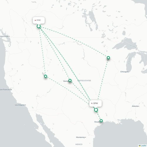 Mapa de vuelo directo Calgary - Dallas