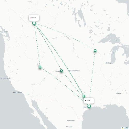 Mapa de vuelo directo Calgary - Houston