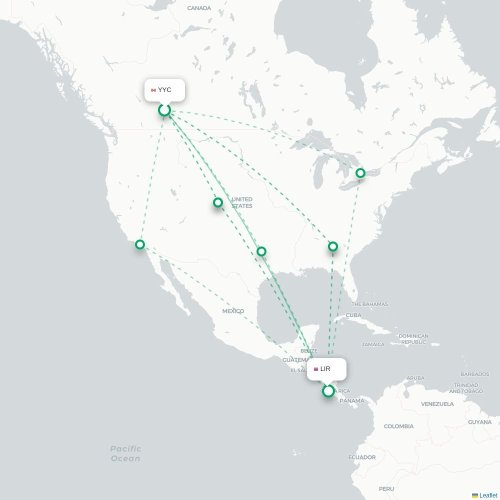 Mapa de vuelo directo Calgary - Liberia