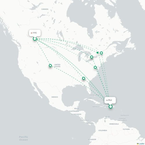 Mapa de vuelo directo Calgary - Punta Cana