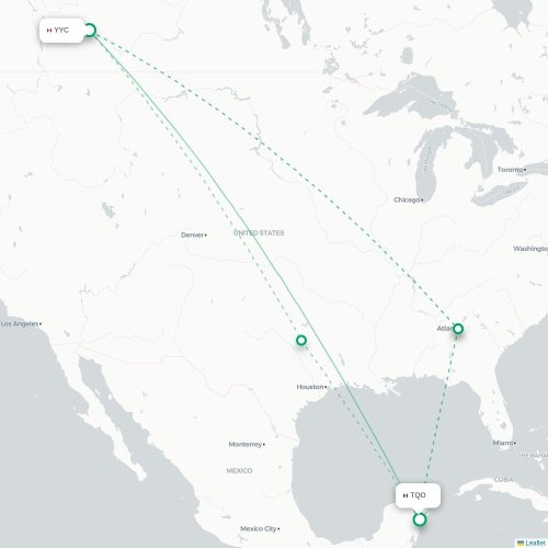 Mapa de vuelo directo Calgary - Tulum