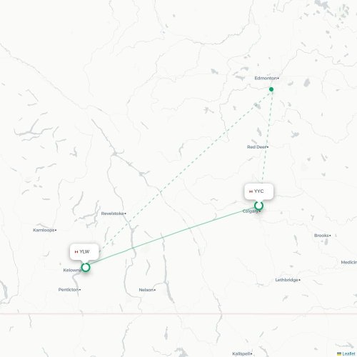 Mapa de vuelo directo Calgary - Kelowna