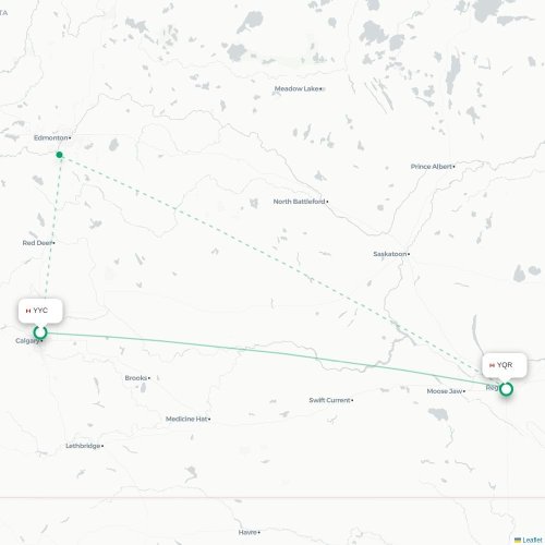 Mapa de vuelo directo Calgary - Regina