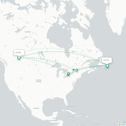 Mapa de vuelo directo Calgary - San Juan de Terranova