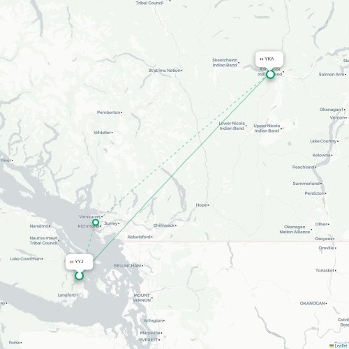 Mapa de vuelo directo Victoria - Kamloops