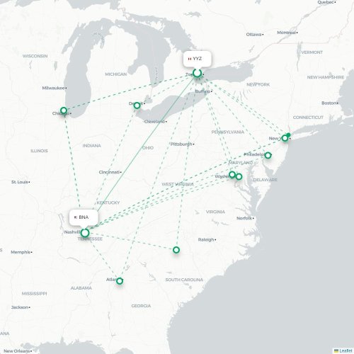 Mapa de vuelo directo Toronto - Nashville