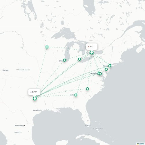 Mapa de vuelo directo Toronto - Dallas