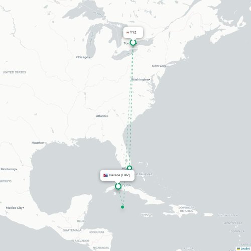 Mapa lotu bezpośredniego Toronto – Hawana