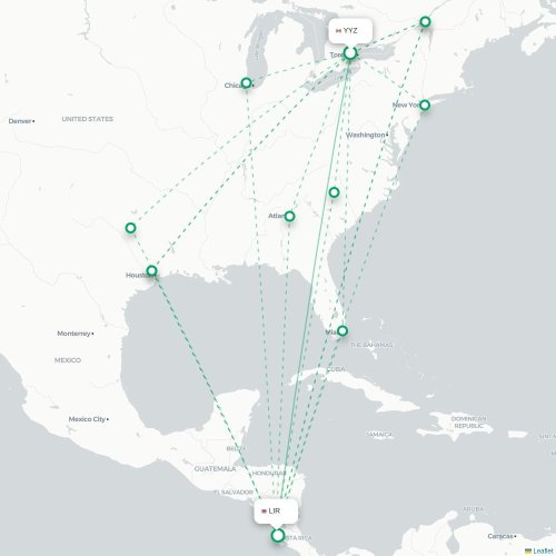 Mapa de vuelo directo Toronto - Liberia