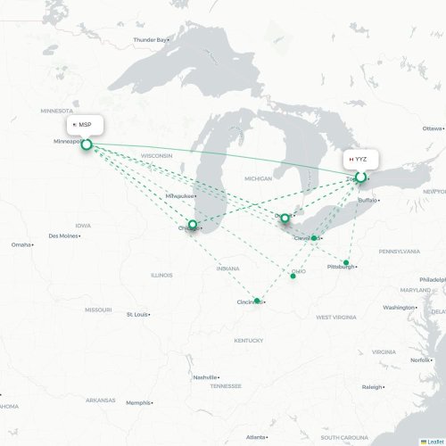 Mapa lotu bezpośredniego Toronto – Minneapolis