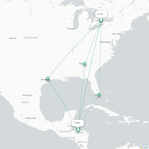 Mapa lotu bezpośredniego Toronto – Coxen Hole
