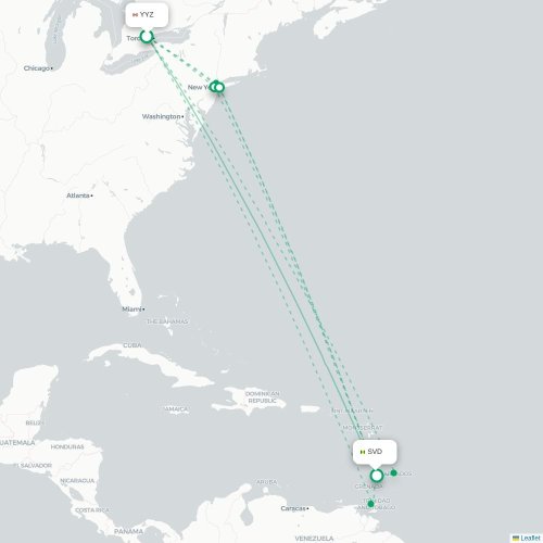 Mapa de vuelo directo Toronto - Kingstown