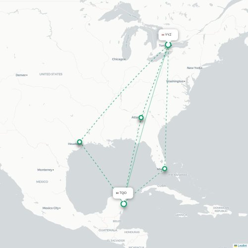 Mapa de vuelo directo Toronto - Tulum