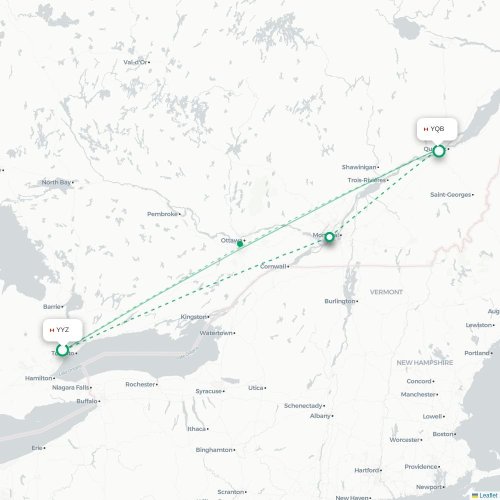 Mapa de vuelo directo Toronto - Quebec
