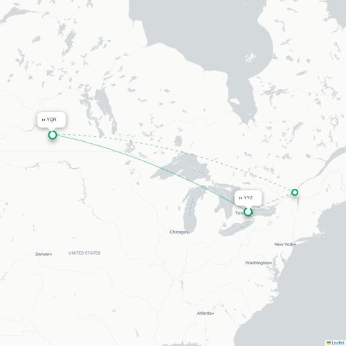 Mapa de vuelo directo Toronto - Regina