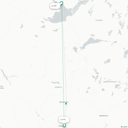 Yellowknife - Calgary kort over direkte fly
