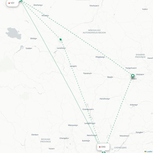 Mapa lotu bezpośredniego Zhangye – Chongqing