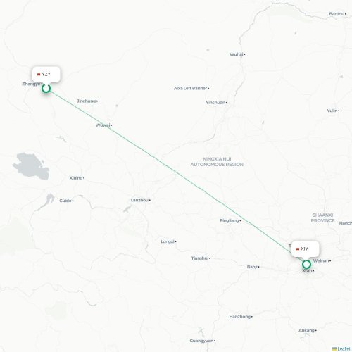 Mapa lotu bezpośredniego Zhangye – Xi'an