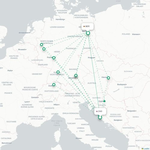 Mapa de vuelo directo Zadar - Berlín