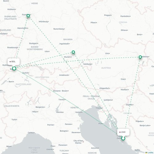 Mapa lotu bezpośredniego Zadar – Bazylea, Szwajcaria
