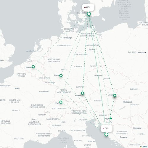 Mapa lotu bezpośredniego Zadar – Kopenhaga