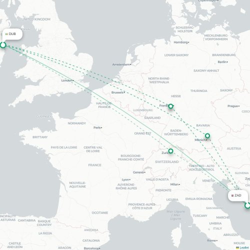 Mapa de vuelo directo Zadar - Dublín