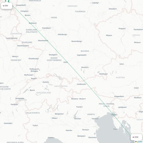 Mapa lotu bezpośredniego Zadar – Eindhoven