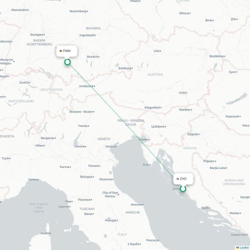 Mapa de vuelo directo Zadar - Memmingen