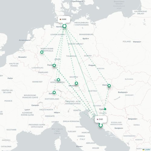 Zadar - Hamburg kaart van rechtstreekse vlucht